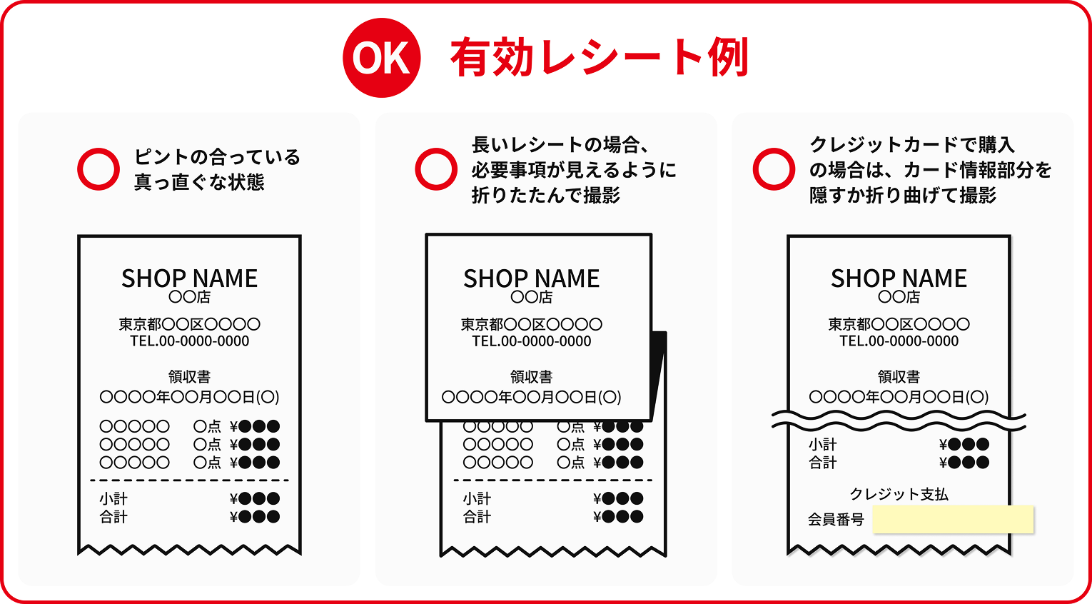 有効レシート例：ピントの合った真っ直ぐな状態。長い場合は必要事項が見えるように折りたたみ、カード情報は隠して撮影。